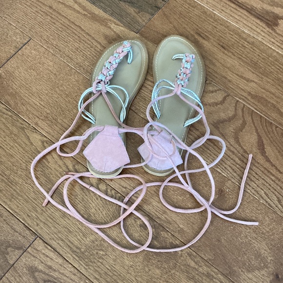 ASOS leather gladiator sandals pink and metallic gold woven size 7 EUC - Picture 3 of 8